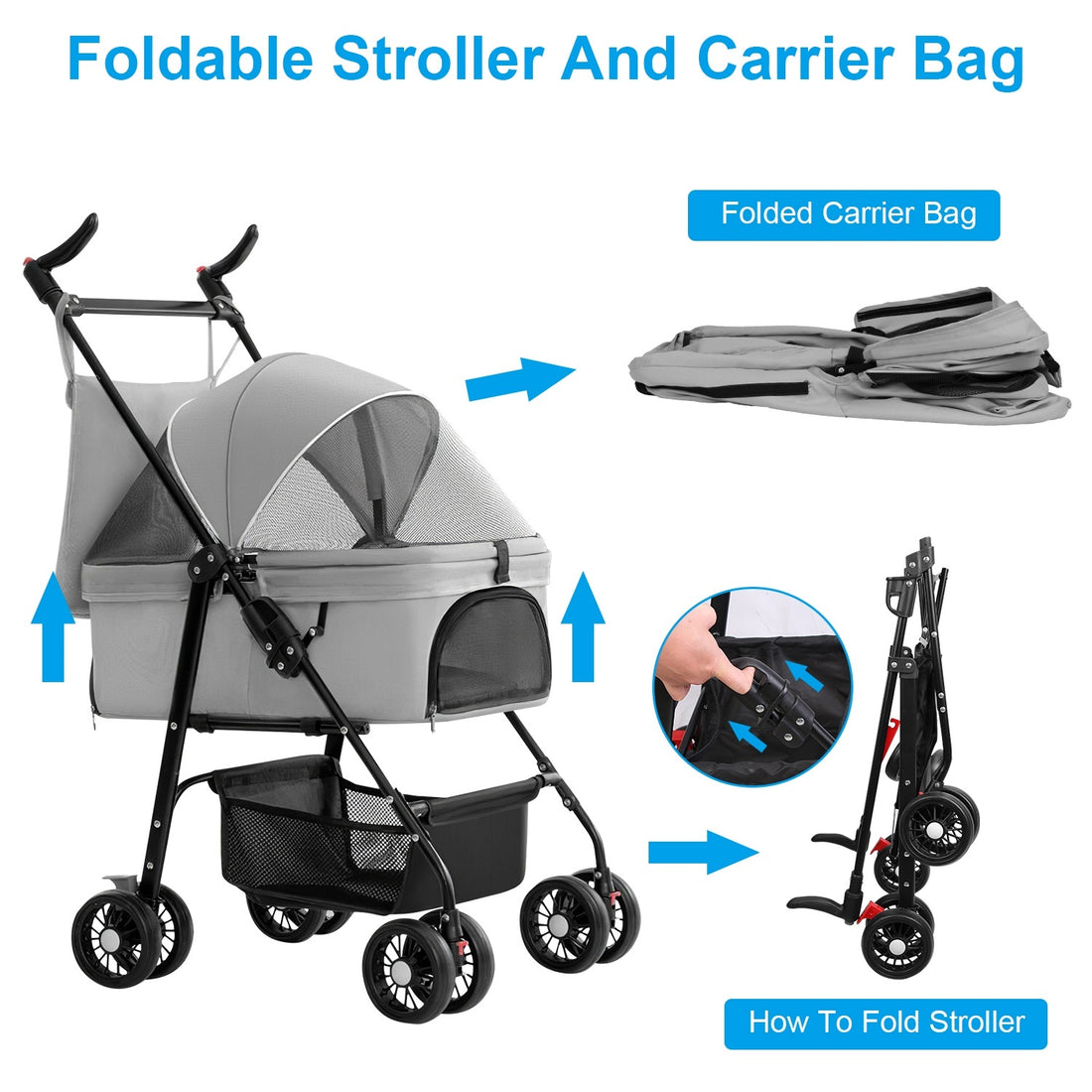 4-Wheel Pet Stroller – Foldable Dog & Cat Carrier Up to 44 lbs