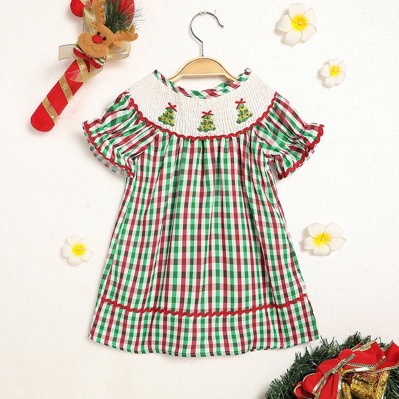 Toddler Christmas Dress – Embroidered Tree Plaid Party Dress for Baby Girls