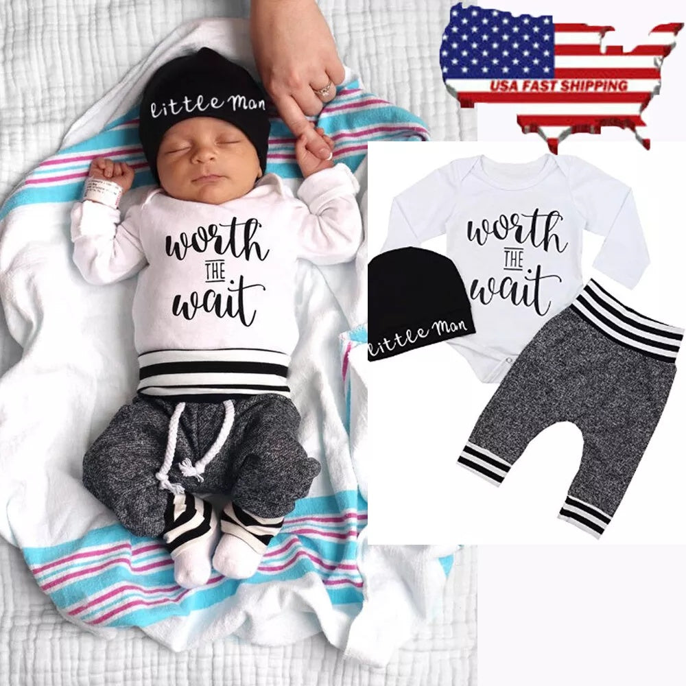 Newborn Baby Outfit Set – Romper Bodysuit & Pants 3-Piece Set